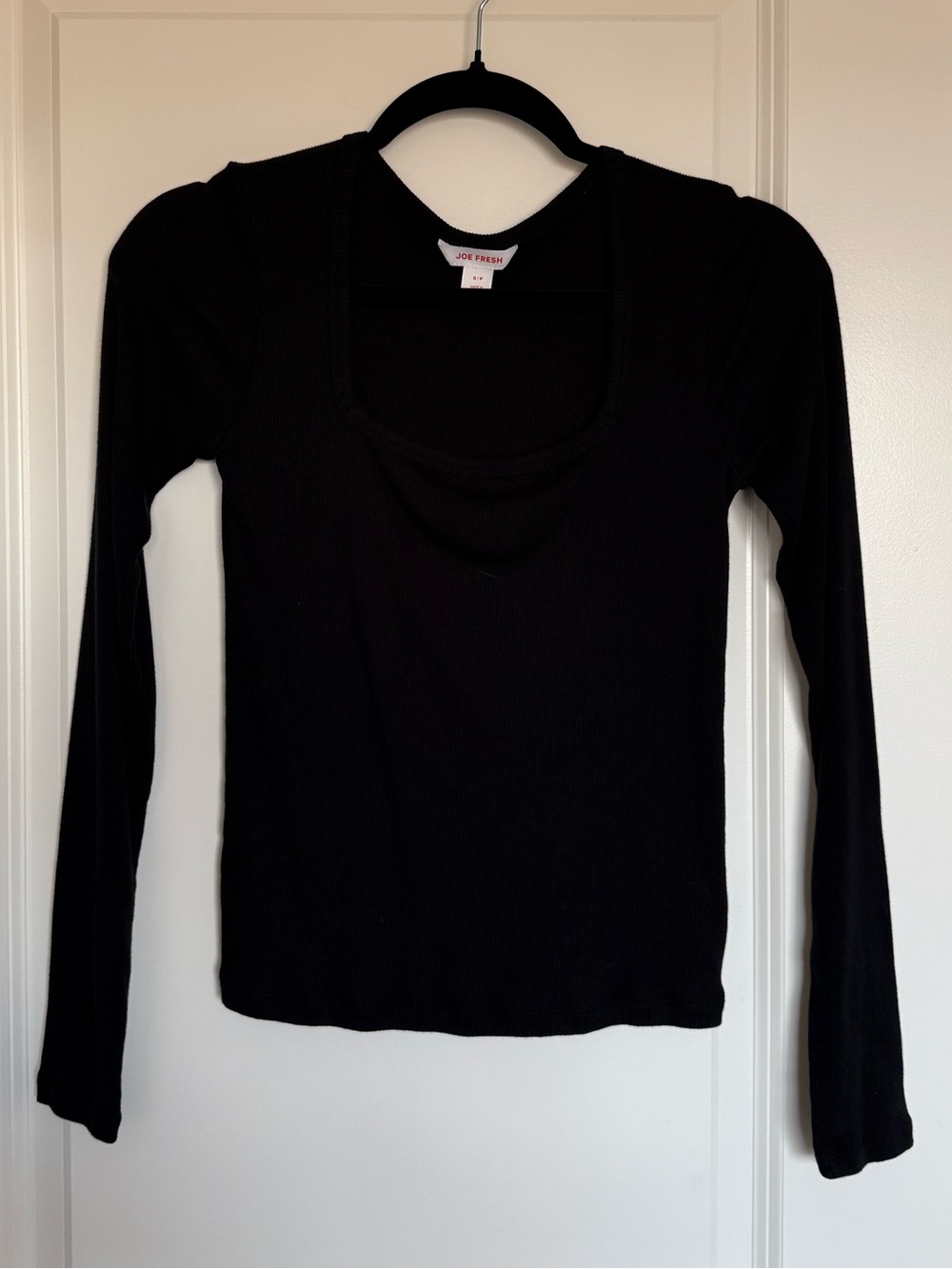 Joe Fresh Black Square Neck Ribbed Long Sleeve Top